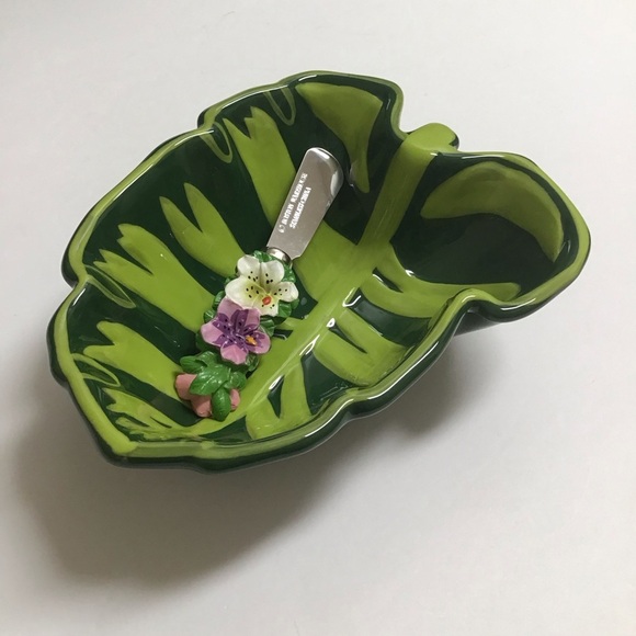 Tropical Leaf Serving Bowl Floral Spreader Green Ceramic Dip Fruit Hawaii Luau - Picture 10 of 16